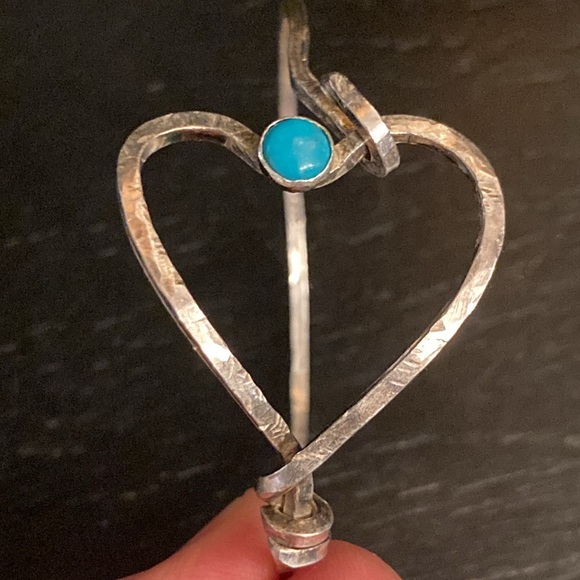 Handmade Sterling Silver Heart Bracelet w/Turquoise Bead Child or Small Adult - Picture 3 of 6